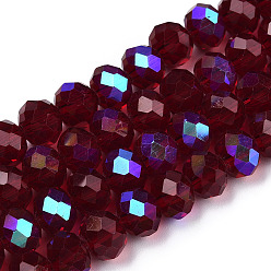 Dark Red Electroplate Glass Beads Strands, Half Rainbow Plated, Faceted, Rondelle, Dark Red, 10x8mm, Hole: 1mm, about 63~65pcs/strand, 19.2~20 inch(48~50cm)