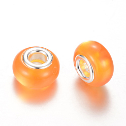 Orange Résine perles européennes, imitation d'oeil de chat, Perles avec un grand trou   , avec noyaux en laiton plaqué couleur argent, rondelle, orange, 14x8~8.5mm, Trou: 5mm
