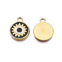 Black 304 Stainless Steel Enamel Pendants, Real 18K Gold Plated, Flat Round with Eye, Black, 17x13.5x1.5mm, Hole: 2mm