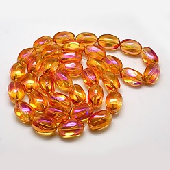 Orange Red Full Rainbow Plated Crystal Glass Oval Beads Strands, Orange Red, 21x13mm, Hole: 1mm