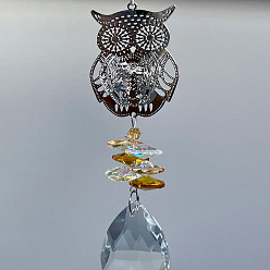 Gold Glass Teardrop Hanging Suncatchers, Rainbow Maker, with Metal Owl Link, for Home Window Decoration, Gold, 350mm