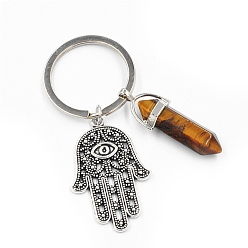 Tiger Eye Natural Tiger Eye Pendant Keychains, with Alloy Pendants and Iron Rings, Bullet Shape with Hamsa Hand, 7.2cm