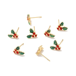 Colorful Cubic Zirconia Cherry Stud Earrings with Enamel, Real 18K Gold Plated Brass Jewelry for Women, Cadmium Free & Nickel Free & Lead Free, Colorful, 9x10.5mm, Pin: 0.7mm