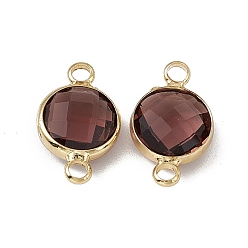 Jet Brown Flare Transparent K9 Glass Connector Charms, with Light Gold Plated Brass Findings, Faceted, Flat Round Links, Jet Brown Flare, 17.5x10.5x4.5mm, Hole: 2mm