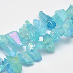 Бледно-бирюзовый Гальванические природный кристалл кварца бусы пряди, самородки, форма клыка, AB цвет, окрашенные, бледные бирюзовая, 7~15x18~60 мм, отверстие : 1 мм, около 46 шт / нитка, 16 дюйм