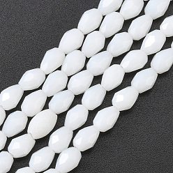 White Glass Beads Strands, Imitation Jade Beads, Faceted, teardrop, White, 15x10mm, Hole: 2mm