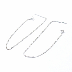 Silver 925 Sterling Silver Ear Stud Findings, with 925 Stamp, Ear Thread, with Box Chain, Silver, 98x0.8mm, Pin: 0.8mm