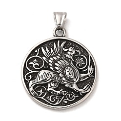 Antique Silver Titanium Steel Pendants, Flat Round with Griffin Pattern, Antique Silver, 43x38x6mm, Hole: 6x5mm