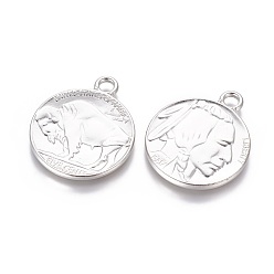 Platinum Tibetan Style Alloy Coin Pendants, Flat Round with Indian Head and Buffalo, Cadmium Free & Lead Free, Platinum, 40x33x3mm, Hole: 4mm
