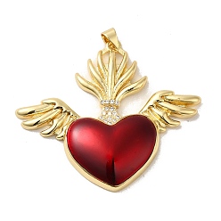 Red Rack Plating Brass Micro Pave Cubic Zirconia with Epoxy Resin Pendants, Cadmium Free & Lead Free, Real 18K Gold Plated, Long-Lasting Plated, Heart with Wing, Red, 42x48x6mm, Hole: 3x5mm