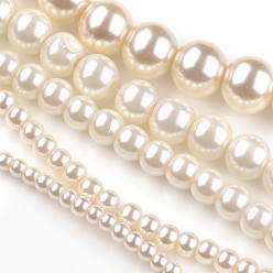 Ivoire Perles en verre nacré rondes teintes, blanc crème, 3~10mm, trou: 1mm, environ 85~230 pcs/chapelet