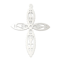 Stainless Steel Color 201 Stainless Steel Filigree Pendants, Etched Metal Embellishments, Cross Charm, Stainless Steel Color, 45.5x32x0.2mm, Hole: 1.5mm
