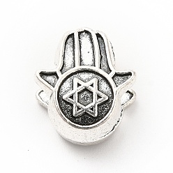 Antique Silver Tibetan Style Alloy European Beads, Large Hole Beads, Hamsa Hand with Star of David, Antique Silver, 13x11x7mm, Hole: 4.5mm, about 223pcs/500g
