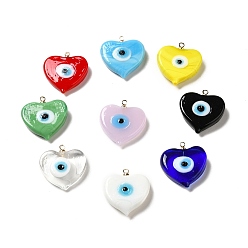 Mixed Color Handmade Lampwork Pendants, with Golden Plated Brass Finding, Cadmium Free & Lead Free, Heart with Evil Eye, Mixed Color, 19.5x18.2x5mm, Hole: 1.4mm