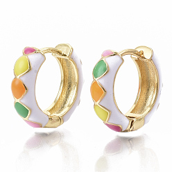 Colorful Brass Huggie Hoop Earrings, with Two Tone Enamel, Real 18K Gold Plated, Rhombus Pattern, Colorful, 15.5x16.5x5mm, Pin: 1x1mm