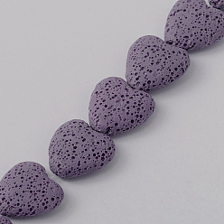 Purple Dyed Natural Lava Rock Bead Strands, Heart, Purple, 20~21x20~21x7~8mm, Hole: 1mm, about 20pcs/strand, 15.55 inch