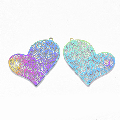 Rainbow Color Ion Plating(IP) 201 Stainless Steel Filigree Pendants, Etched Metal Embellishments, Heart, Rainbow Color, 31x39x0.3mm, Hole: 1.4mm