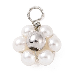 Silver Natural Shell & Pearl Beaded Pendants, with Copper Wire Wrapped Findings, Flower Charms, Silver, 12.5x10x4.5mm, Hole: 1.8mm