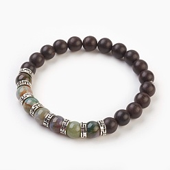 Indian Agate Natural Indian Agate Stretch Bracelets, with Natural Sandalwood Beads and Tibetan Style Spacer Beads, 2 inch(5.2cm)