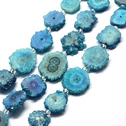 Bleu Ciel Foncé Perles de cristal de quartz druzy naturelles, quartz solaire, teint, nuggets, bleu profond du ciel, 14~22x13~20x4~6mm, Trou: 1.5~2mm, Environ 9~12 pcs/chapelet, 7.7~7.9 pouce (19.5~20 cm)