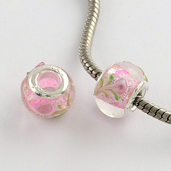 Pearl Pink Rondelle Lampwork Large Hole European Beads, with Silver Color Plated Brass Cores, Pearl Pink, 14~15x10~11mm, Hole: 5mm