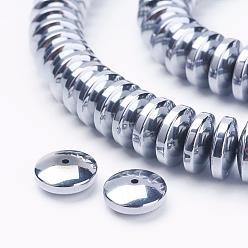 Platinum Plated Electroplate Non-Magnetic Synthetic Hematite Beads Strands, Heishi Beads, Flat Round/Disc, Platinum Plated, 11x4mm, Hole: 1mm, about 93pcs/strand, 15.6 inch(39.7cm)