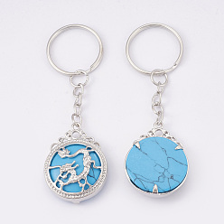 Synthetic Turquoise Synthetic Turquoise Keychain, with Iron Key Rings, Flat Round with Dragon, Platinum, 80mm, Pendant: 34.5x26x8.5mm