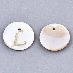 Letter L Natural Freshwater Shell Pendants, with Golden Plated Brass Etched Metal Embellishments, Flat Round with Letter, Letter.L, 15x2mm, Hole: 1.2mm