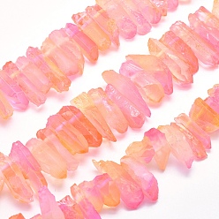 Pearl Pink Electroplated Natural Quartz Crystal Beads Strands, Dyed, Nuggets, Pearl Pink, 18~36x6~10mm, Hole: 1.5mm, about 15.7 inch(40cm)