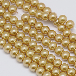 Verge D'or Foncé Brins de perles rondes en verre teinté écologique, Grade a, cordon en coton fileté, verge d'or noir, 10mm, Trou: 0.7~1.1mm, Environ 42 pcs/chapelet, 15 pouce