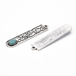 Antique Silver Tibetan Style Alloy Big Pendants, with Synthetic Turquoise, Cadmium Free & Lead Free, Rectangle, Antique Silver, 57.5x11.5x4.5mm, Hole: 2.3mm