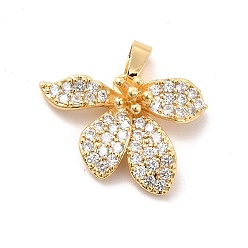 Real 18K Gold Plated Brass Micro Pave Clear Cubic Zirconia Pendants, with Glass, Flower, Real 18K Gold Plated, 16x21.5x6mm, Hole: 5x2.5mm