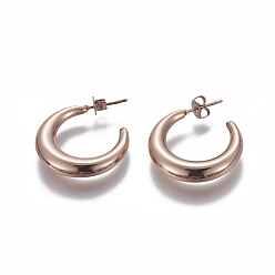 Rose Gold 304 Stainless Steel Stud Earrings, Half Hoop Earrings, Hypoallergenic Earrings, with Ear Nuts, Rose Gold, 22.5mm, pin: 0.9mm