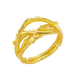 Real 18K Gold Plated SHEGRACE Adjustable 925 Sterling Silver Branch Rings, Hammered, Real 18K Gold Plated, US Size 6(16.5mm)