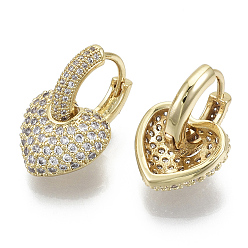 Clear Brass Micro Pave Cubic Zirconia Dangle Huggie Hoop Earrings, Nickel Free, Heart, Real 16K Gold Plated, Clear, 21mm, Pin: 1mm