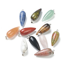 Mixed Stone Natural & Synthetic Gemstone Pointed Pendants, with Platinum Brass Findings, Bullet, 32~33x12mm, Hole: 2.5x6mm