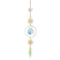 Sun Iron Big Pendant Decorations, Sun Crystal Glass Hanging Sun Catchers, with Brass Findings, for Garden, Wedding, Lighting Ornament, Sun, 360mm