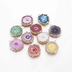 Mixed Color Natural Dyed Quartz Pendants, Solar Quartz, with Golden Plated Edge Brass Findings, Flat Round, Mixed Color, 25~42x22~23x4~6mm, Hole: 2.5mm