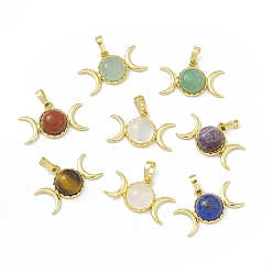 Mixed Stone Natural Mixed Gemstone Pendants, Triple Moon Charms, with Golden Tone Rack Plating Brass Findings, Cadmium Free & Lead Free, Mixed Dyed and Undyed, 15x26x7mm, Hole: 6.5x4mm