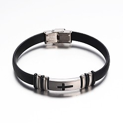 Stainless Steel Color Jewelry Black Color PU Leather Cord Bracelets, with 304 Stainless Steel Findings and Watch Band Clasp, Cross, Stainless Steel Color, 230x10mm