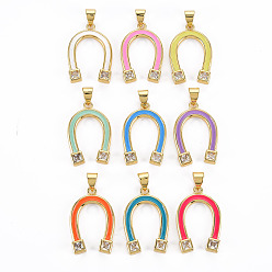 Mixed Color Brass Micro Pave Cubic Zirconia Enamel Pendants, Cadmium Free & Nickel Free & Lead Free, Real 16K Gold Plated, Initial Letter U, Mixed Color, 22.5x15x3mm, Hole: 3x5mm