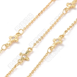 Real 18K Gold Plated Clear Cubic Zirconia Cross Link Chains, with Brass Cable Chains, Unwelded, Cadmium Free & Nickel Free & Lead Free, Real 18K Gold Plated, 11x5x1.5mm, about 3.28 Feet(1m)/Box