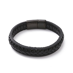 Electrophoresis Black Black Leather Braided Cord Bracelet with 304 Stainless Steel Magnetic Clasps, Flat Punk Wristband for Men Women, Electrophoresis Black, 8-1/2 inch(21.7cm)