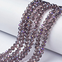 Medium Orchid Electroplate Transparent Glass Beads Strands, Half Rainbow Plated, Faceted, Rondelle, Medium Orchid, 3.5x3mm, Hole: 0.4mm, about 123~127pcs/strand, 13.7~14.1 inch(35~36cm)