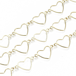 Light Gold Cadenas de latón, cadenas de enlace de corazón, larga duración plateado, soldada, la luz de oro, corazón: 20x12x1 mm, link: 3.5x3x0.4 mm
