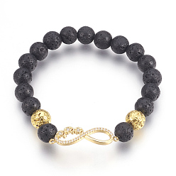 Golden Stretch Bracelets, with Long-Lasting Plated Electroplated Natural Lava Rock, Natural Lava Rock and Brass Cubic Zirconia Beads, Infinity, Golden, 2-1/4 inch(5.6cm)