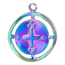Rainbow Color Stainless Steel Pendants, Flat Round with Cross, Rainbow Color, 17x14mm, Hole: 1mm