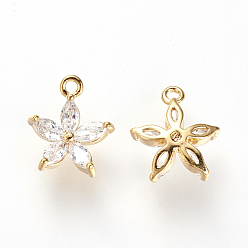 Real 18K Gold Plated Brass Cubic Zirconia Charms, Nickel Free, Real 18K Gold Plated, Flower, 11x9x3mm, Hole: 1mm