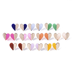 Mixed Color Resin & Wood Stud Earrings, with 304 Stainless Steel Pin, Heart, Mixed Color, 15x14~15mm, Pin: 0.7mm
