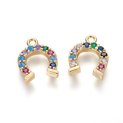 Colorful Brass Micro Pave Cubic Zirconia Charms, Horse Shoe, Golden, Colorful, 12.5x10x2mm, Hole: 1.2mm